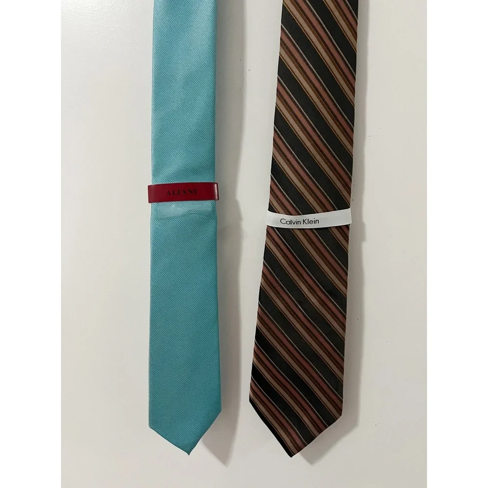 Calvin Klein & Alfani Mens Necktie Bundle Silk Striped Brown Mint Blue 2 Pack